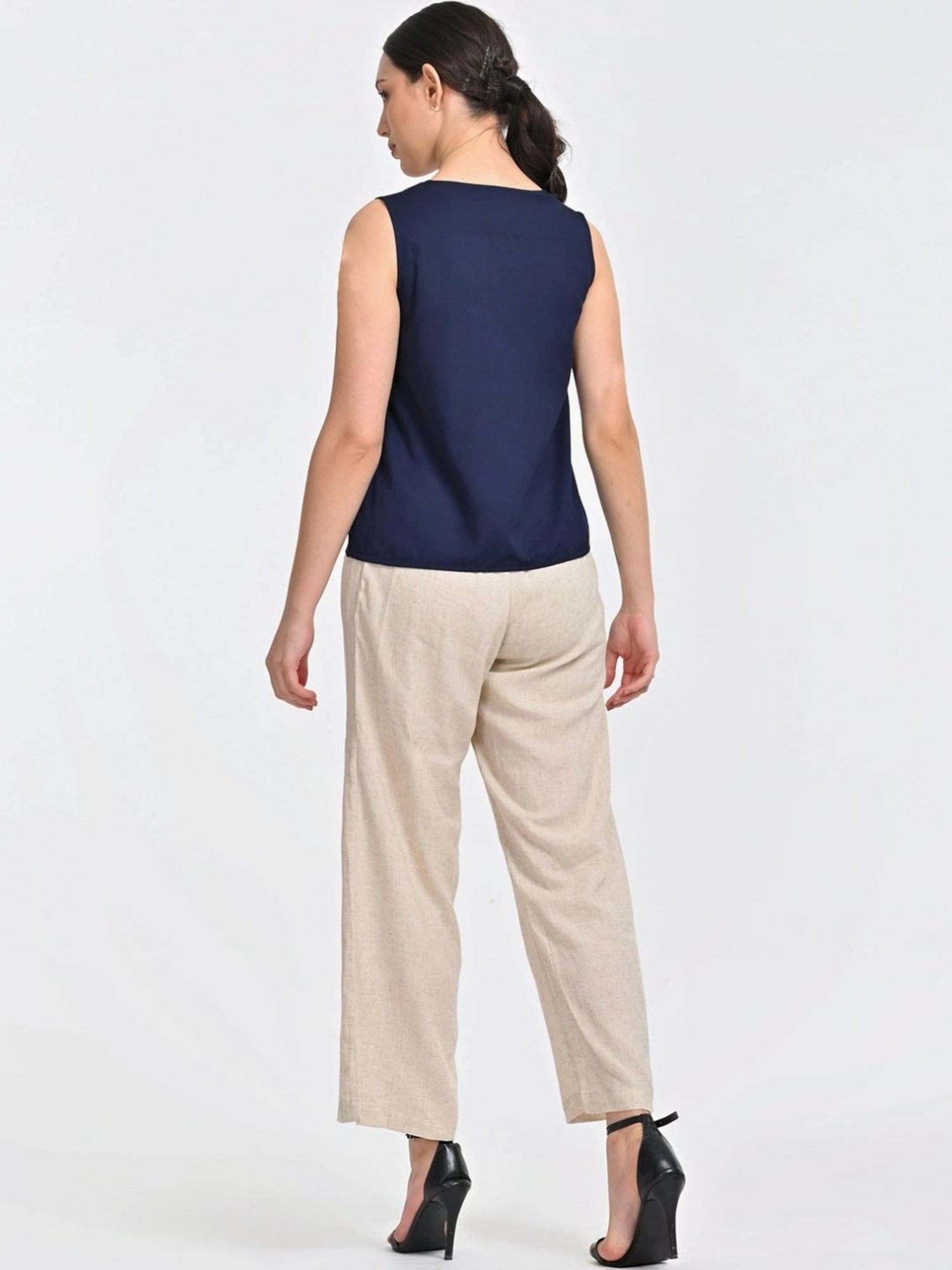 Saltpetre Indigo V Neck Top With Beige Trousers Co-ords Set