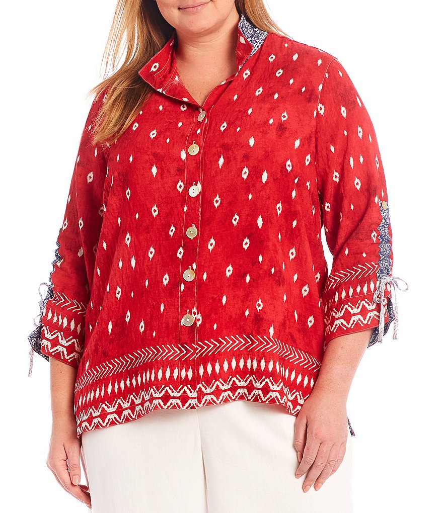 John Mark Plus Size Crinkle Geometric Print Button Front Point Collar Neck 3/4 Sleeve Tunic