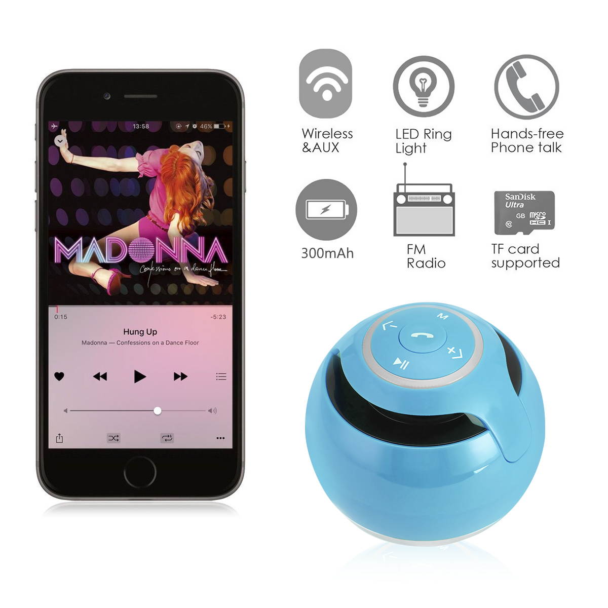 Wireless LED Mini Bluetooth Speaker Portable Super Bass Stereo USB/TF/FM Radio Black