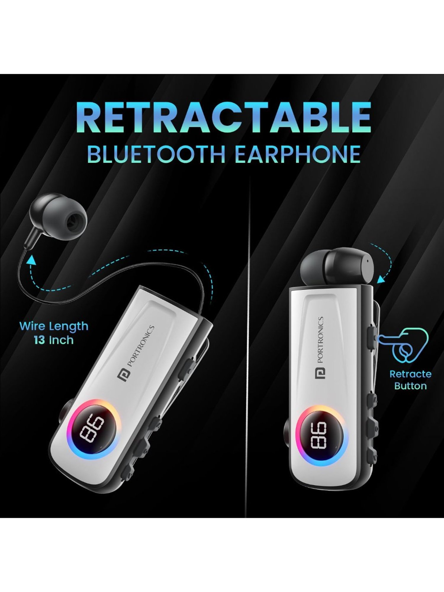 Portronics Harmonics Klip 5 Retractable BT Calling Earphone with Upto 15H Playback (White)