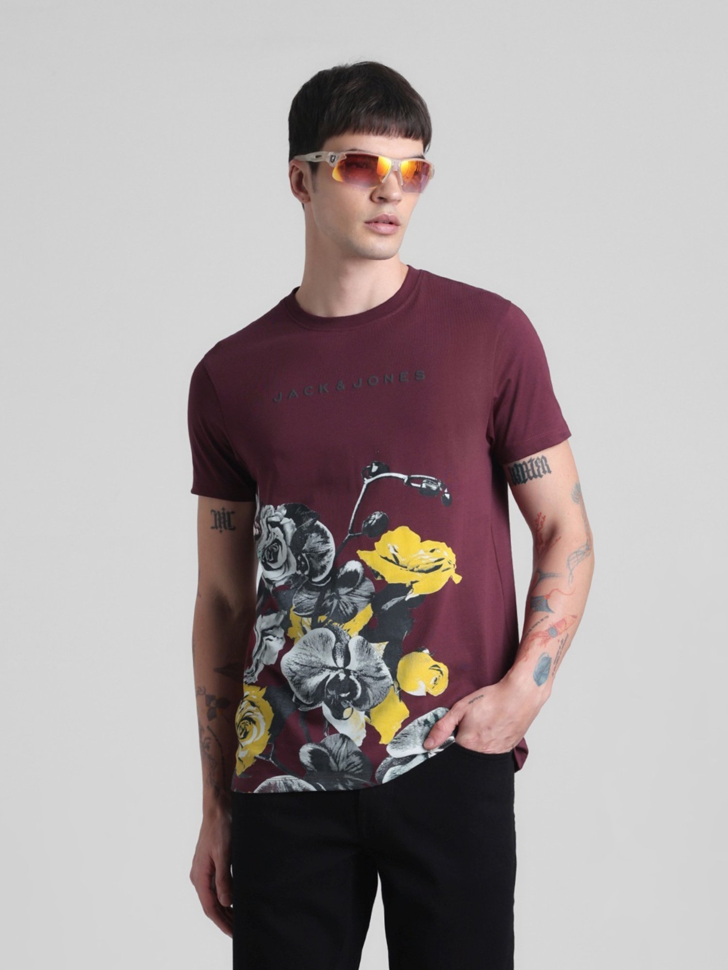 Jack & Jones Tawny Port Cotton Slim Fit Printed T-Shirt