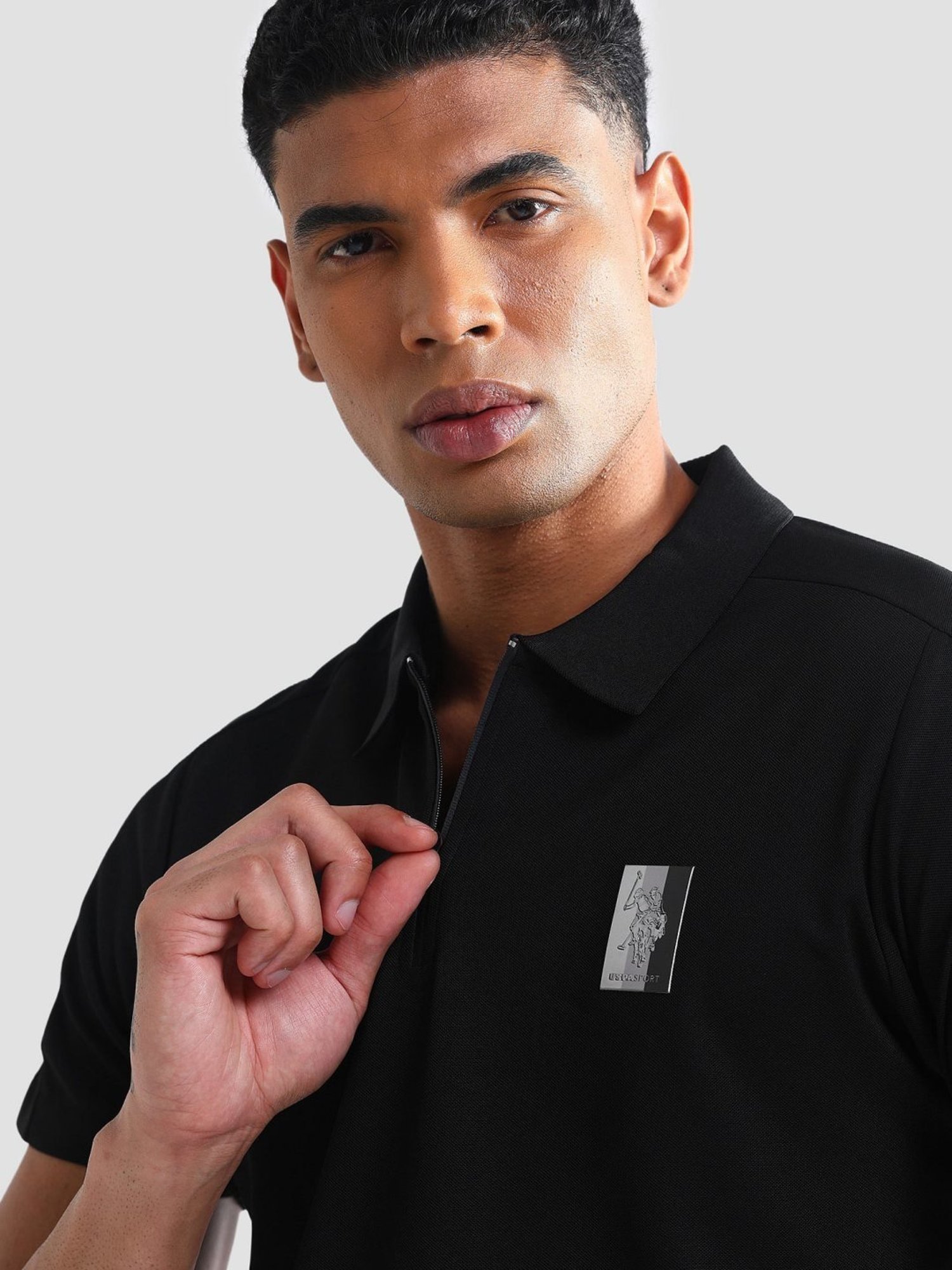 USPA Active Black Slim Fit Texture Sports Polo