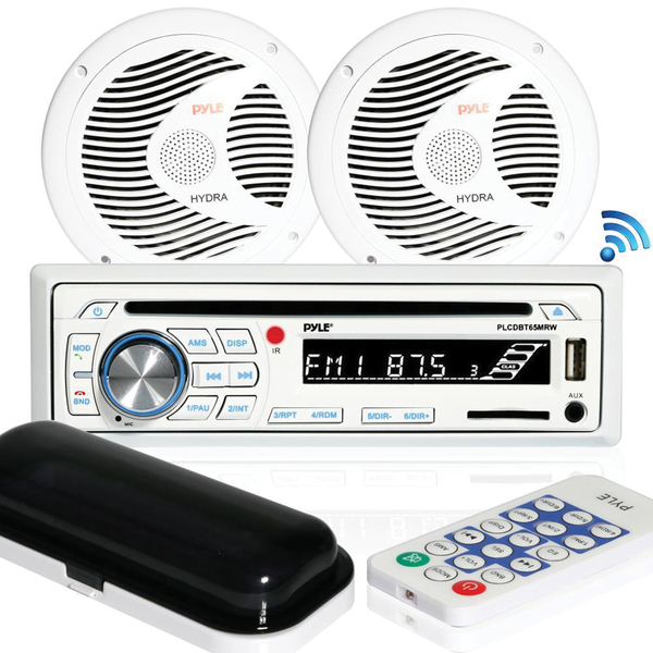 Marine Stereo Head Unit, Single-DIN CD AM/FM Receiver with Two 6.5-In. Speakers, Splashproof Radio Cover, and Bluetooth(R) (White)