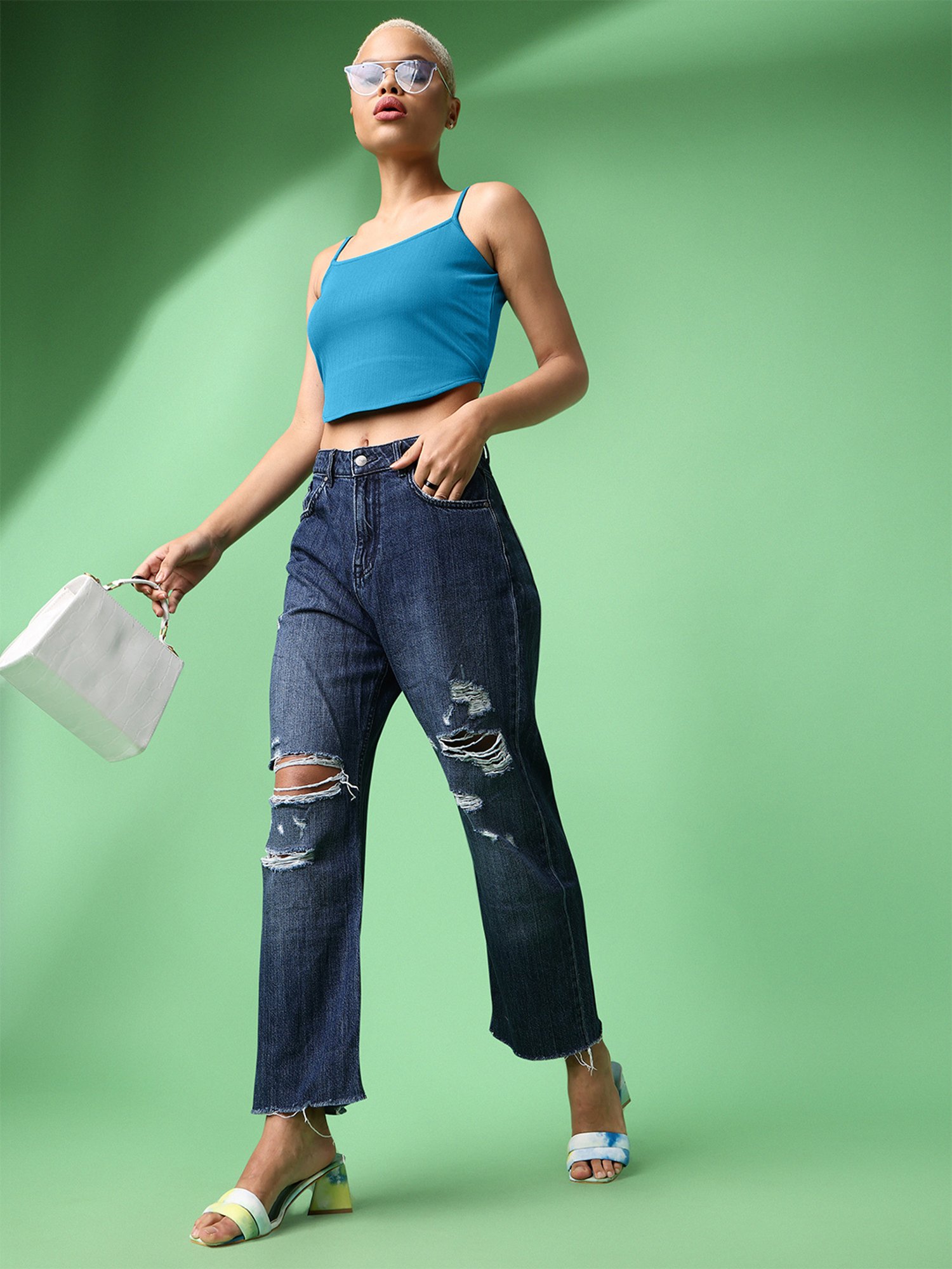 PURVAJA Teal Regular Fit Crop Top