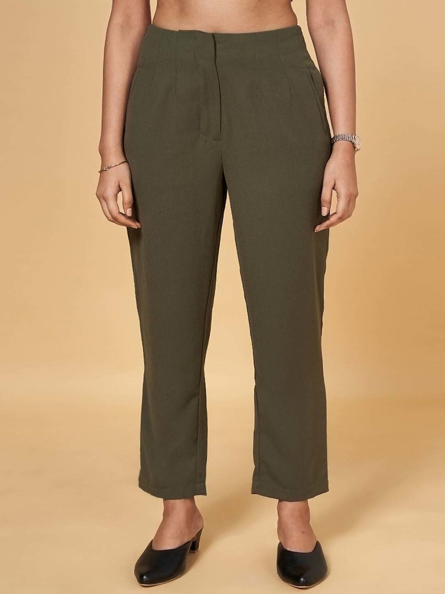 Annabelle by Pantaloons Olive Green Formal Trousers