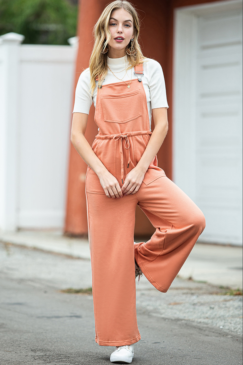 Rose Tan Solid Self Tied Straps Pleated Wide Leg Jumpsuit