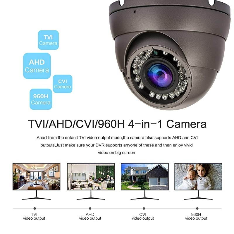 Dome Camera 4 in 1 TVIAHDCVICVBS CCTV Analog Camera 2812mm Motorized Security Camera 3 pcs Array IR LEDs 100ft Night Vision IP66 Grey