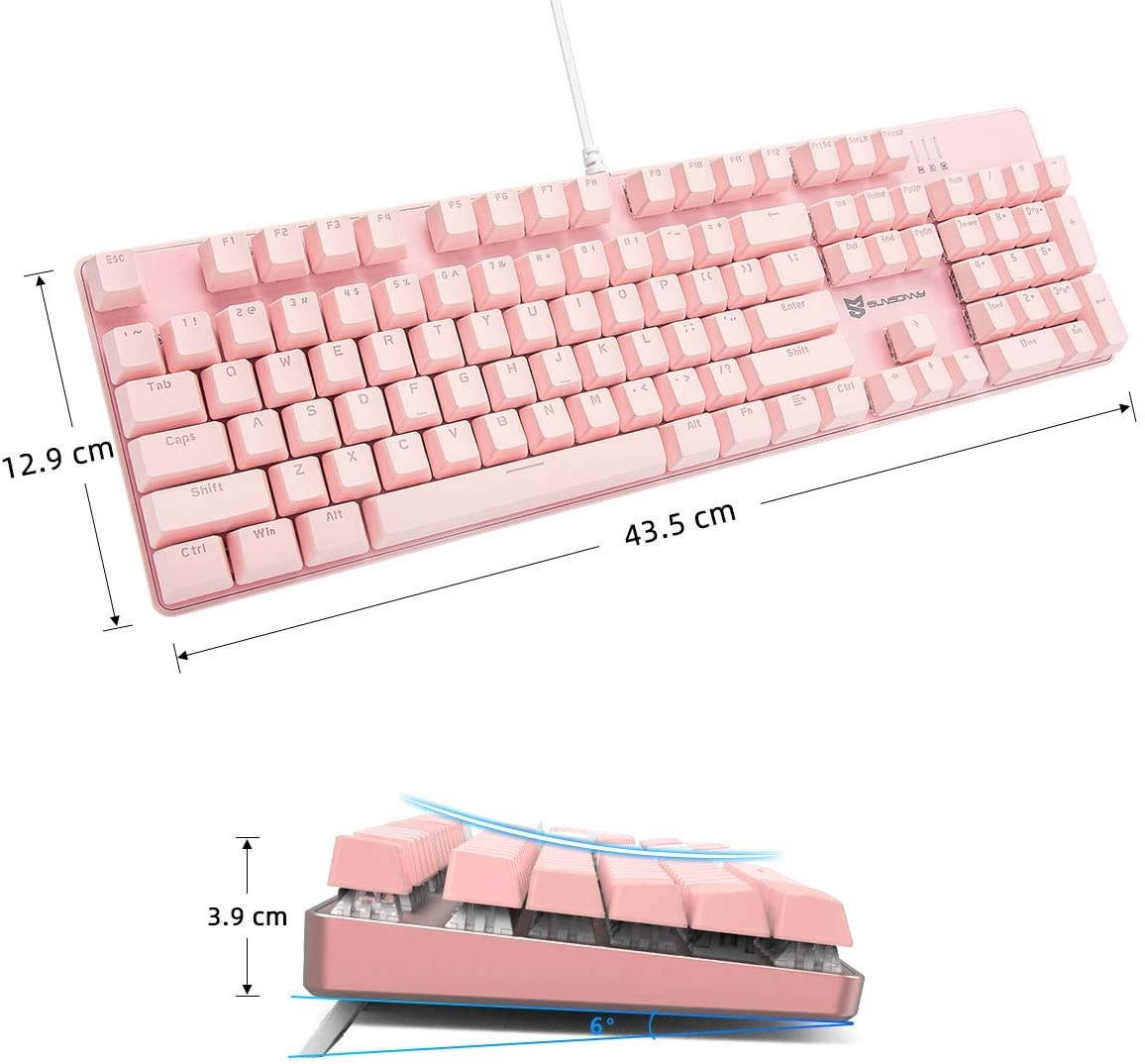 Qisan Mechanical Gaming Keyboard Full Size 104 Keys US Layout Wired Blue Switch Backlit Keyboard with Pink Color