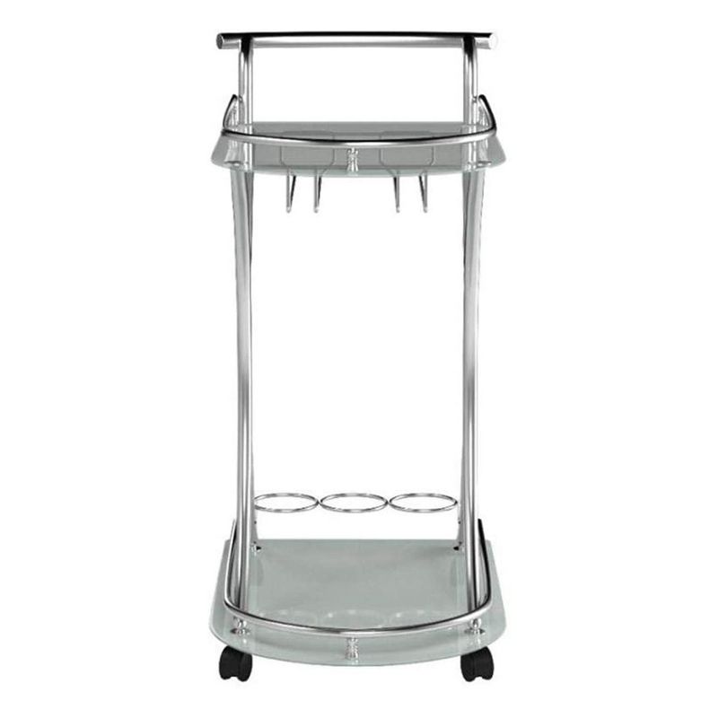 Coaster Home Furnishings 2 Glass Shelves Portable Serving Cart with Built In Stemware Rack and Bottle Storage, Chrome and White