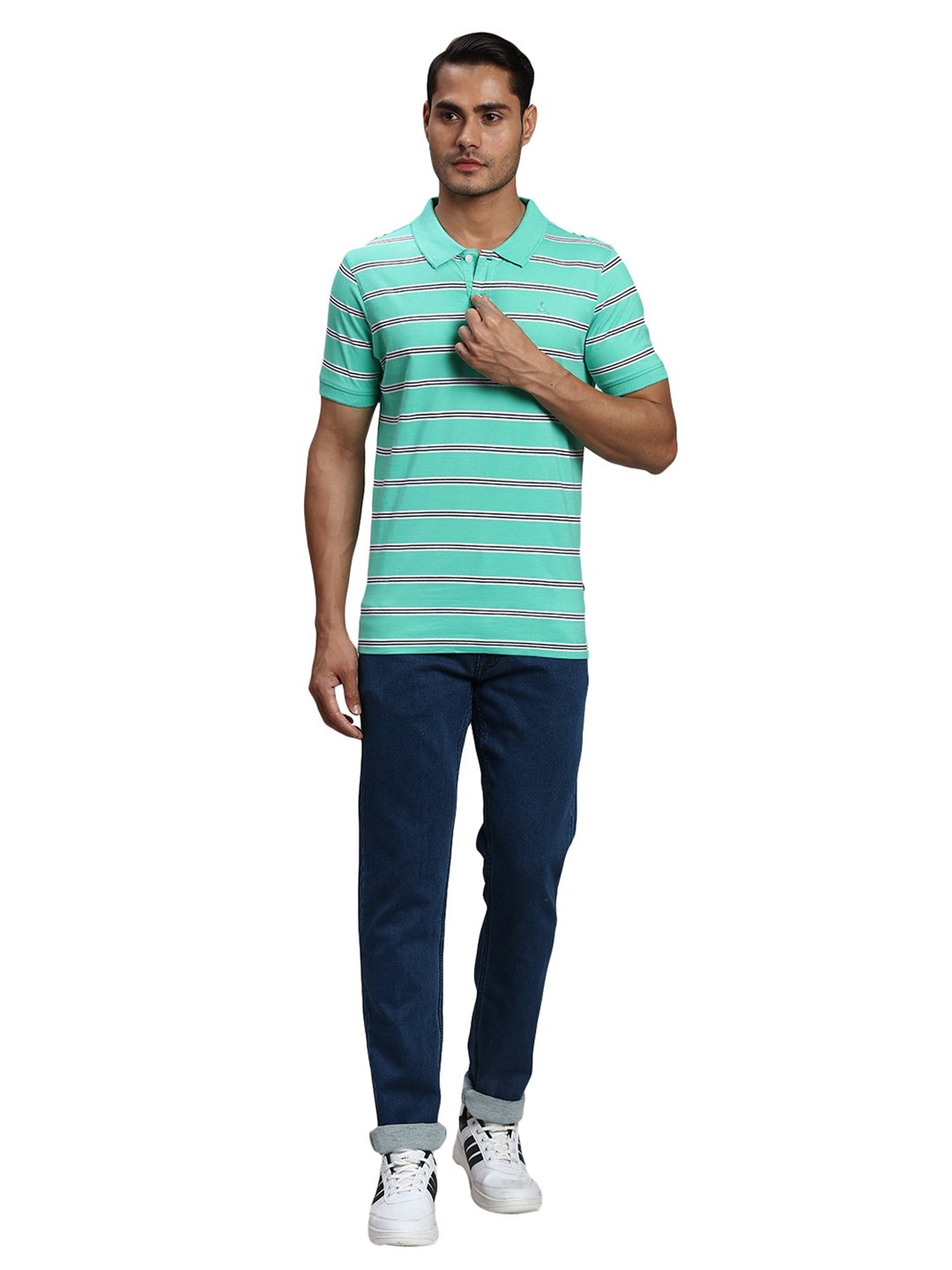 Parx Green Regular Fit Striped Polo T-Shirt