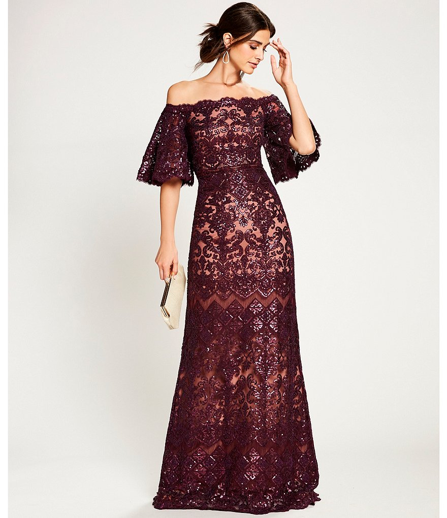 Tadashi Shoji Off-the-Shoulder Sequin Lace Scalloped Hem Gown