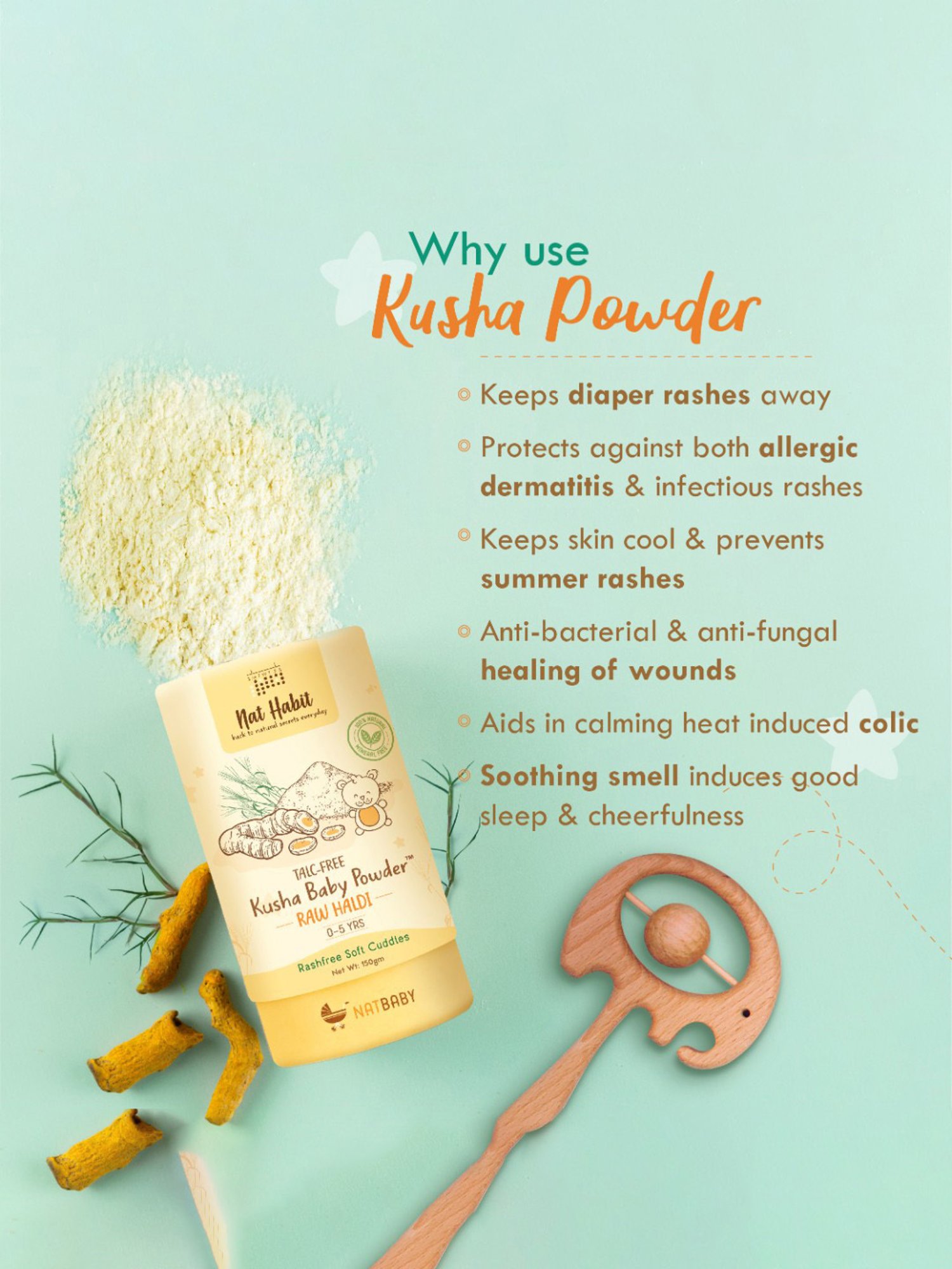 Nat Habit Raw Haldi Talc-Free Kusha Baby Powder - 150 gm