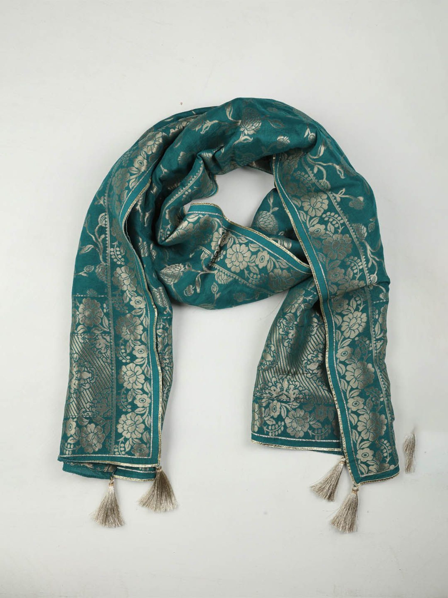 Mustard Turquoise Silk Printed Dupatta