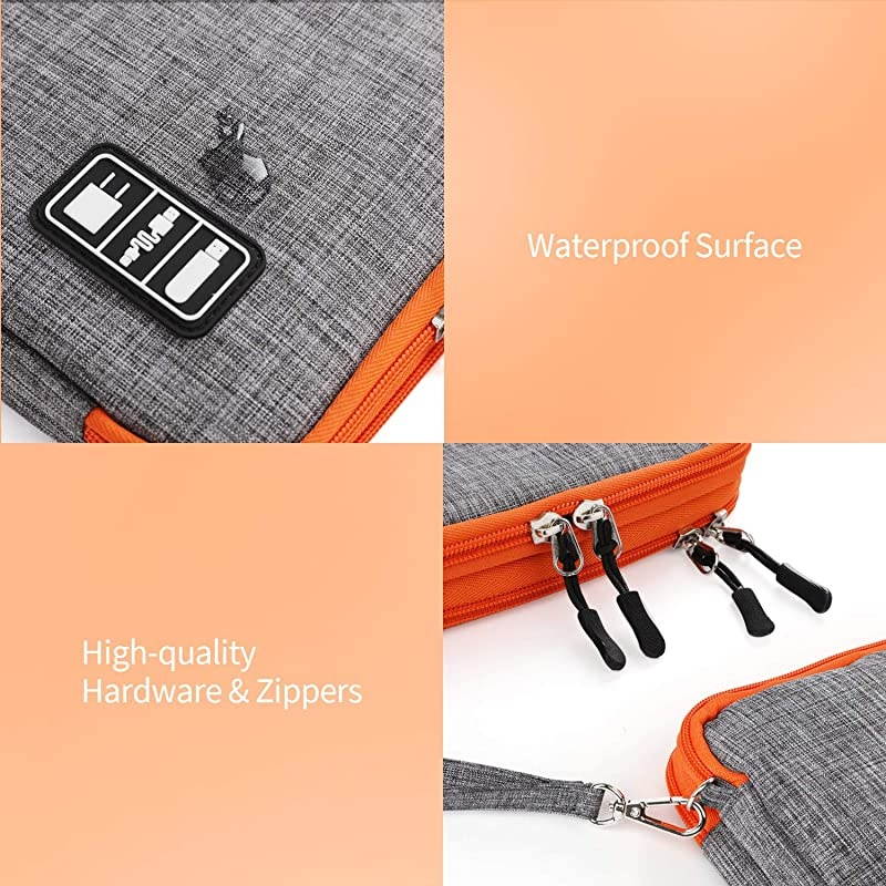 Electronics Organizer,  Electronic Accessories Cable Organizer Bag Waterproof Travel Cable Storage Bag for Charging Cable, Cellphone, iPad (Up to 11'' and More-Large(Orange and Gray)