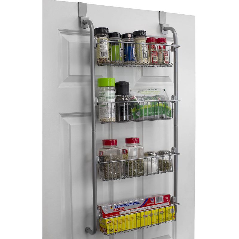 Home Basics Heavy Duty 4 Tier Over the Door Metal Pantry Organizer, Grey