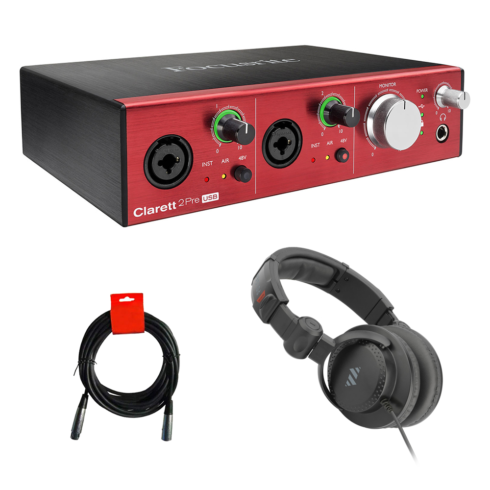 Focusrite Clarett 2Pre USB USB Audio Interface Bundle with Studio Monitor Headphones & XLR Cable