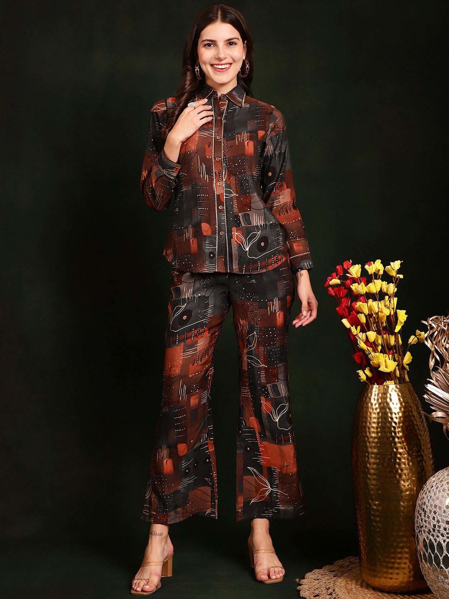 Claura Brown Printed Shirt Pant Set