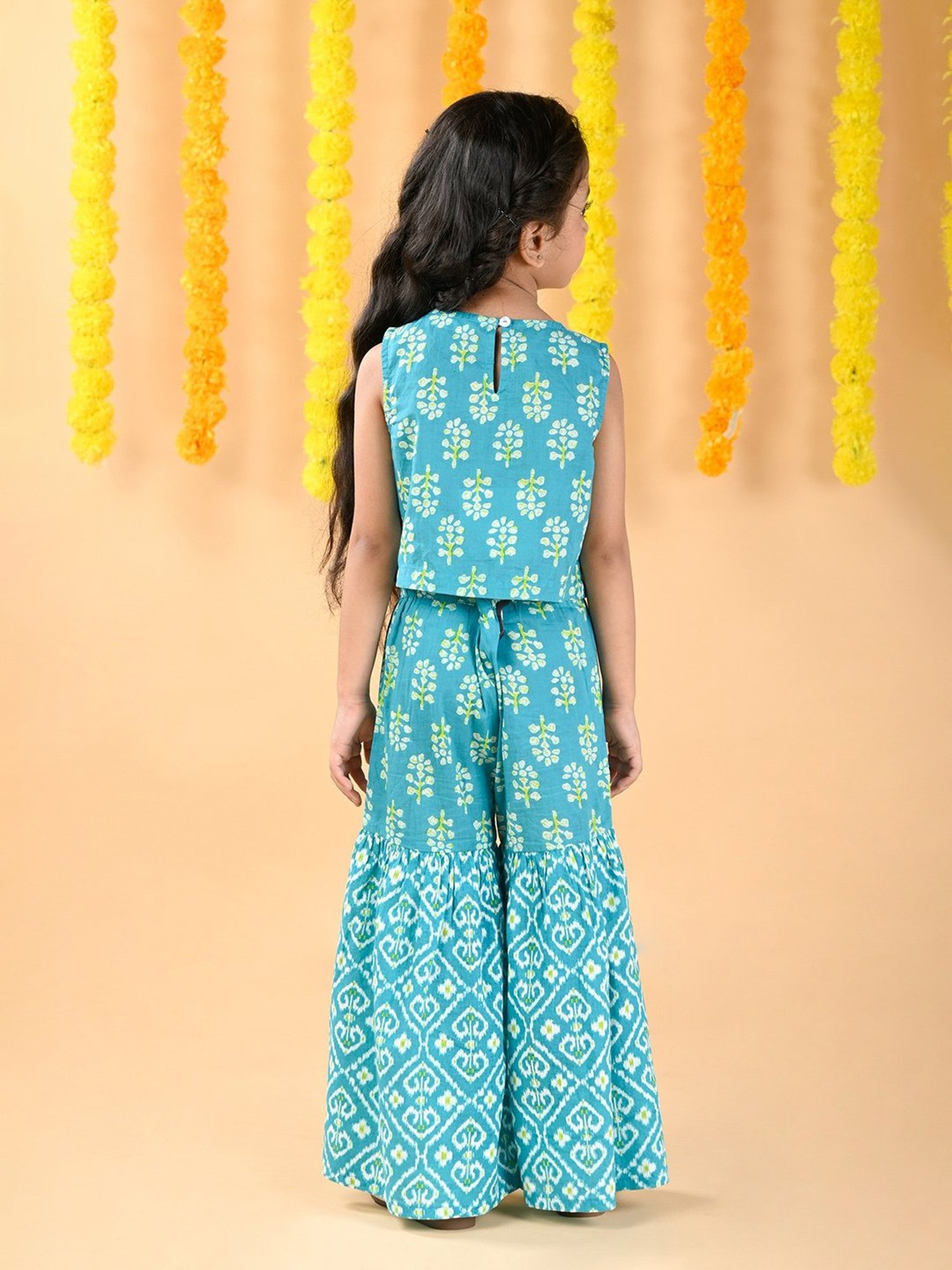 Budding Bees Kids Turquoise Floral Print Top, Sharara with Sling Bag