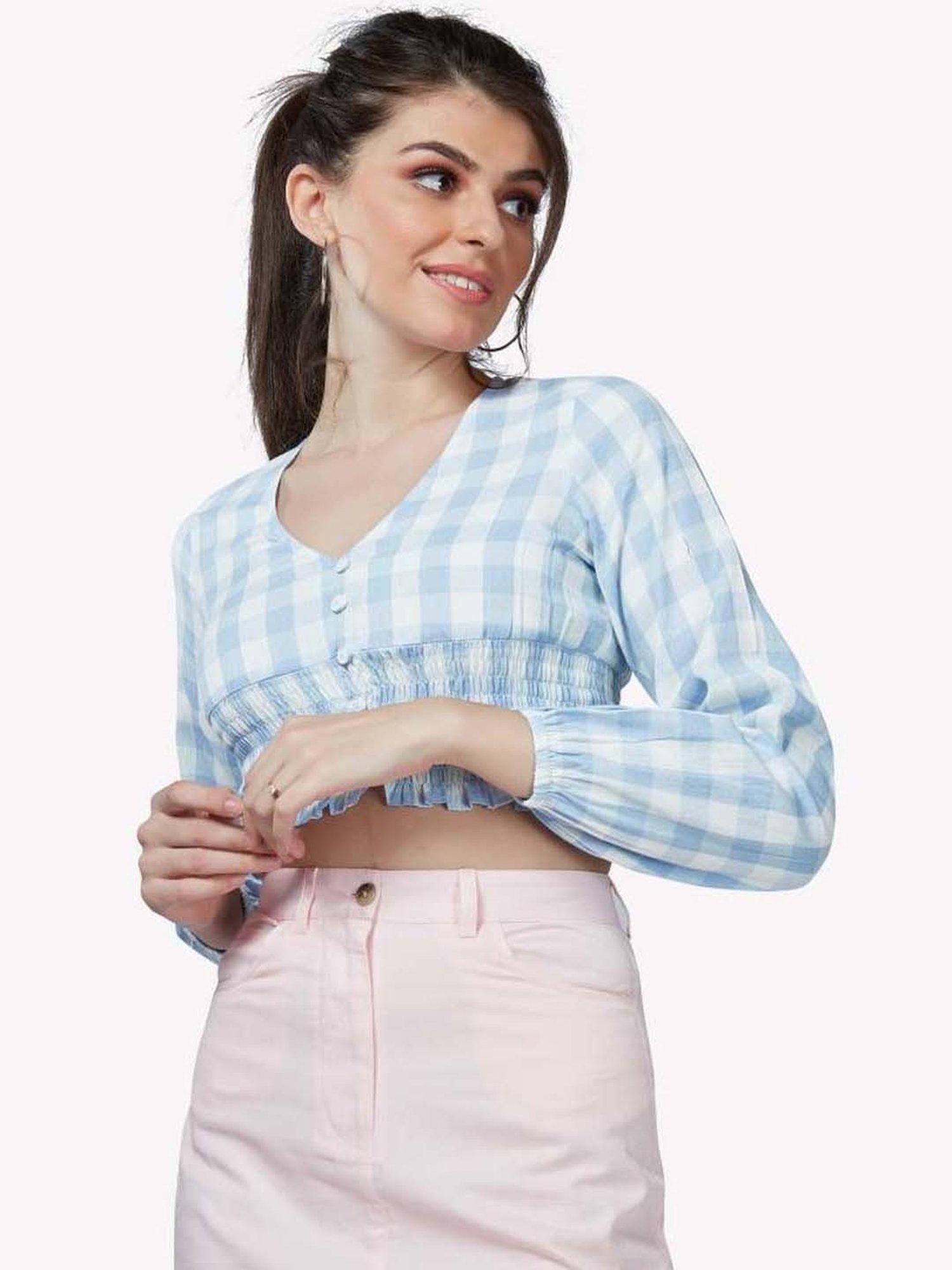VASTRADO Blue Cotton Chequered Crop Top