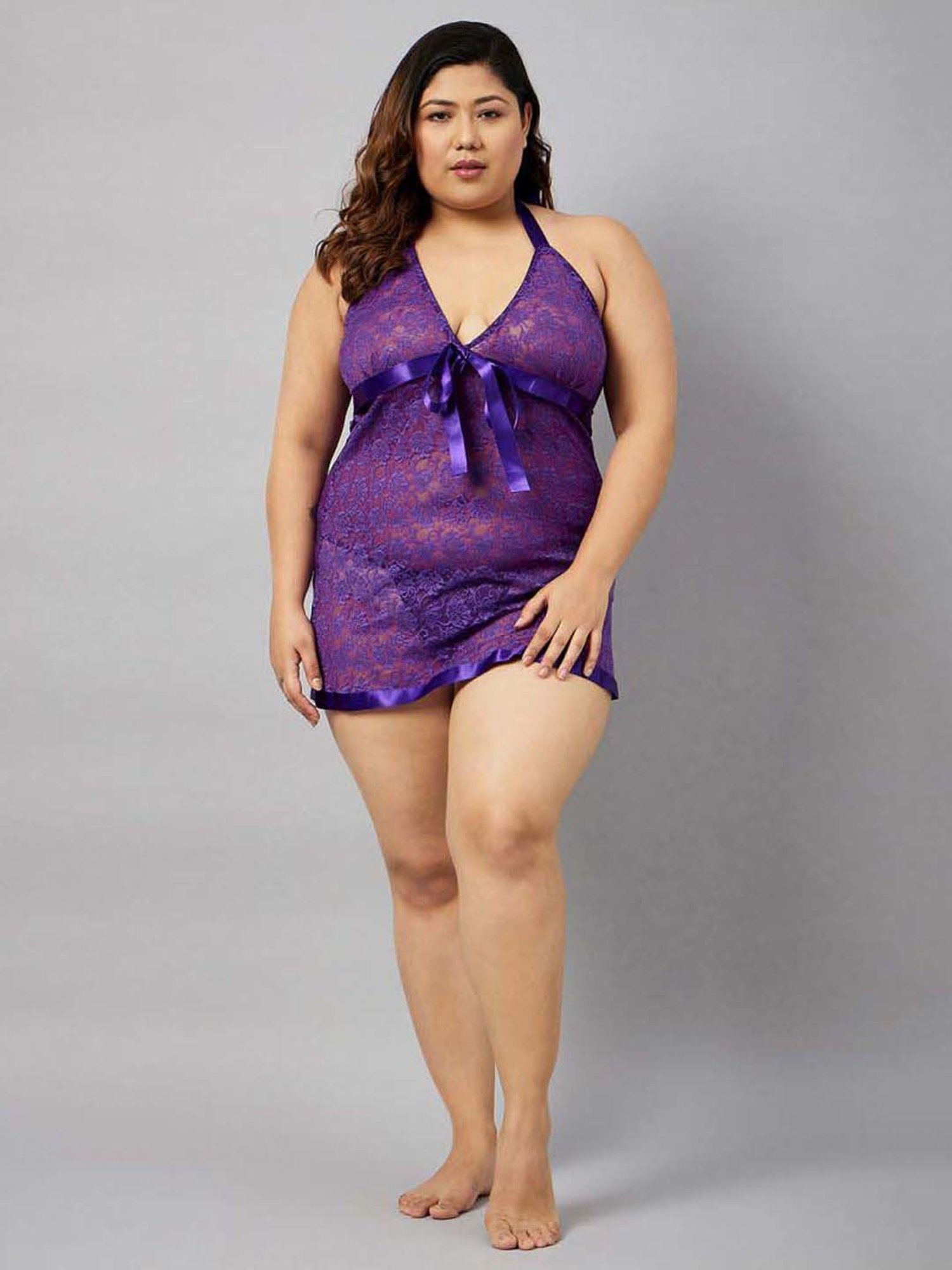 Secrets By ZeroKaata Purple & Navy Lace Work Babydoll with Panty - Pack Of 2
