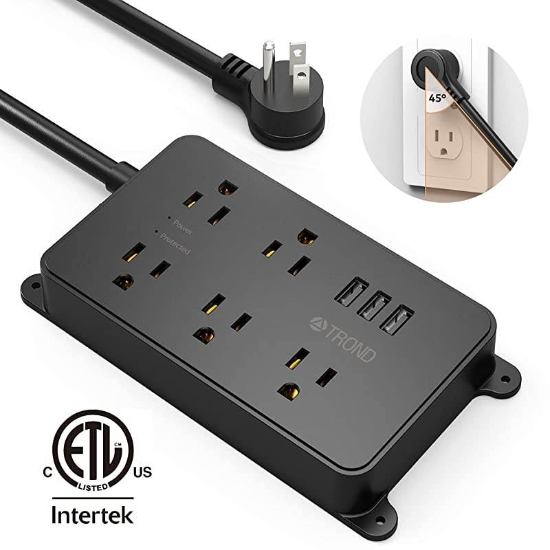 Power Strip with USB  Surge Protector Flat Plug with 5 WidelySpaced Outlets ETL Listed 1300 Joules Wall Mountable 5ft Extension Cord for Kitchen Garage Laundry Room Behind TV Black