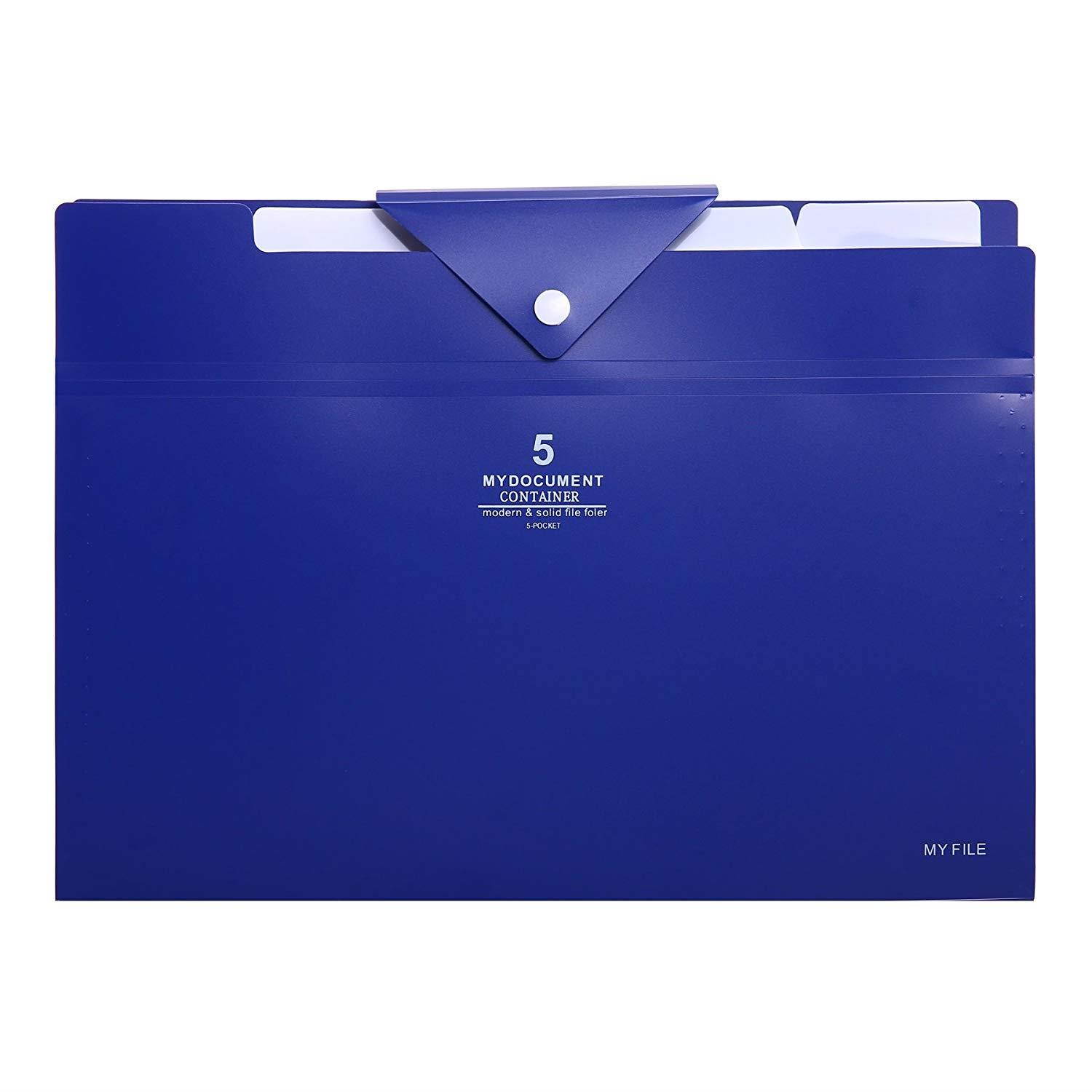 Skydue PP Expanding File Folder Accordion Documents Letters Organizer, 5 Pockets, A4 Size (Navy Blue)