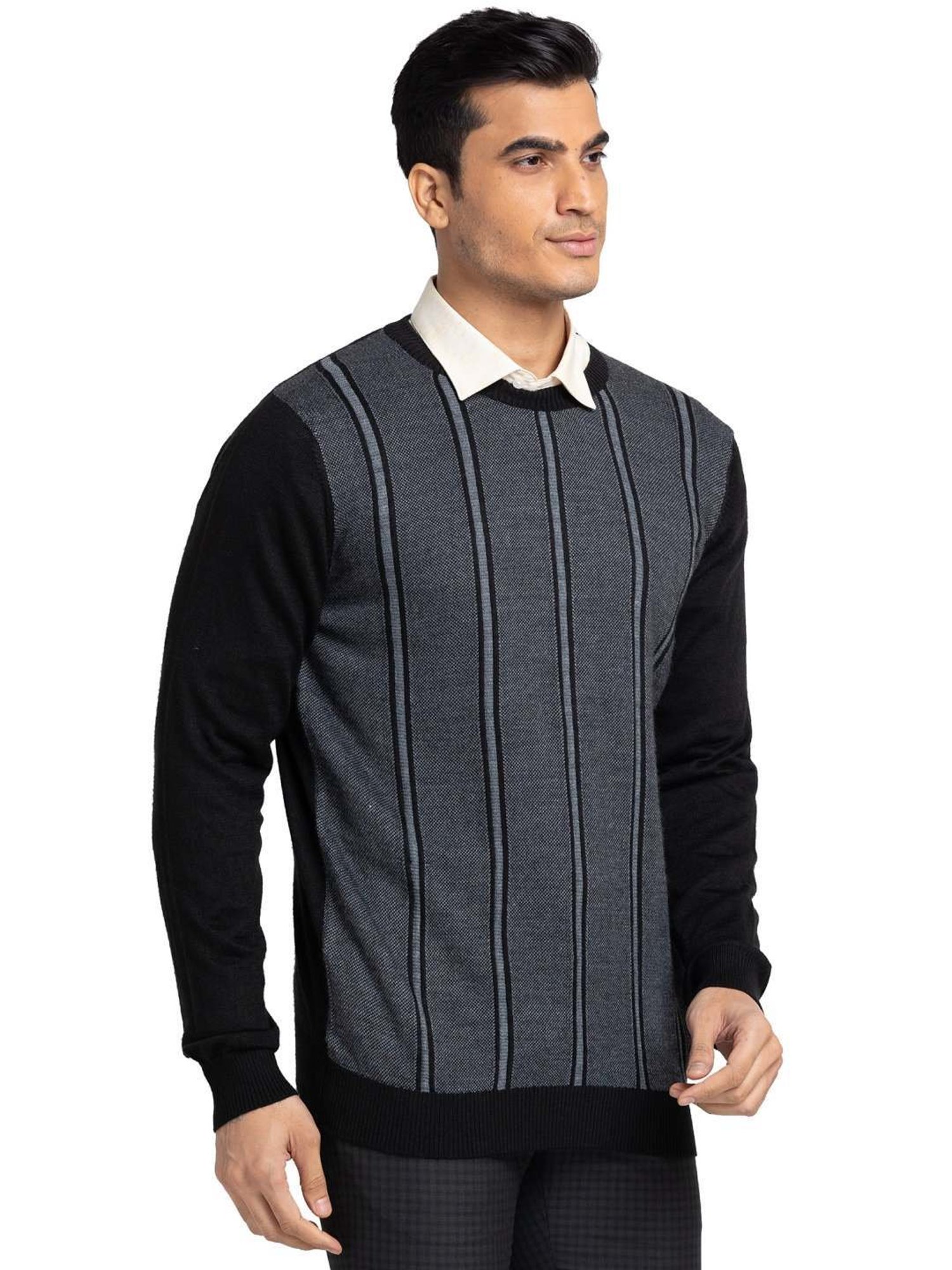 Raymond Black Regular Fit Striped Sweater