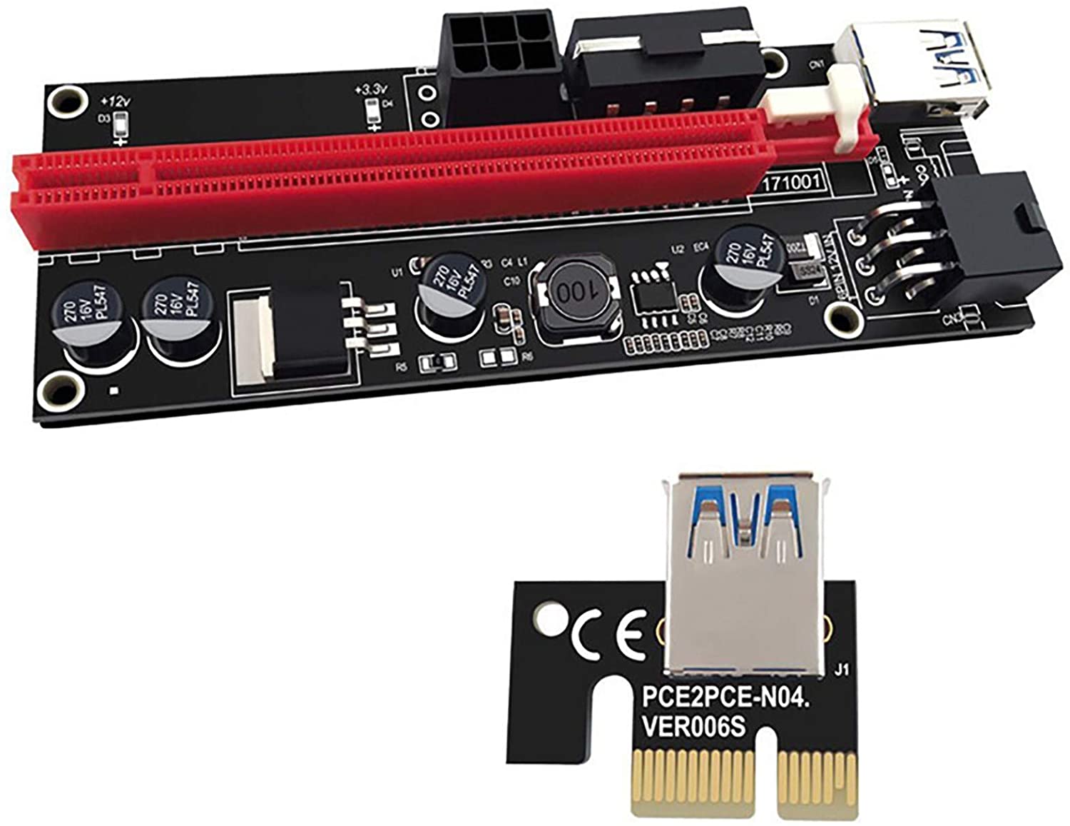 PCI-E Riser Extender Riser Card Adapter USB3.0 1x to 16x S-ATA 4 Pin Power Cable PCI-E Expre Dedicated PCIE Extension Cable Adapter Card for GPU Mining 4 Solid Capacitors (Red)