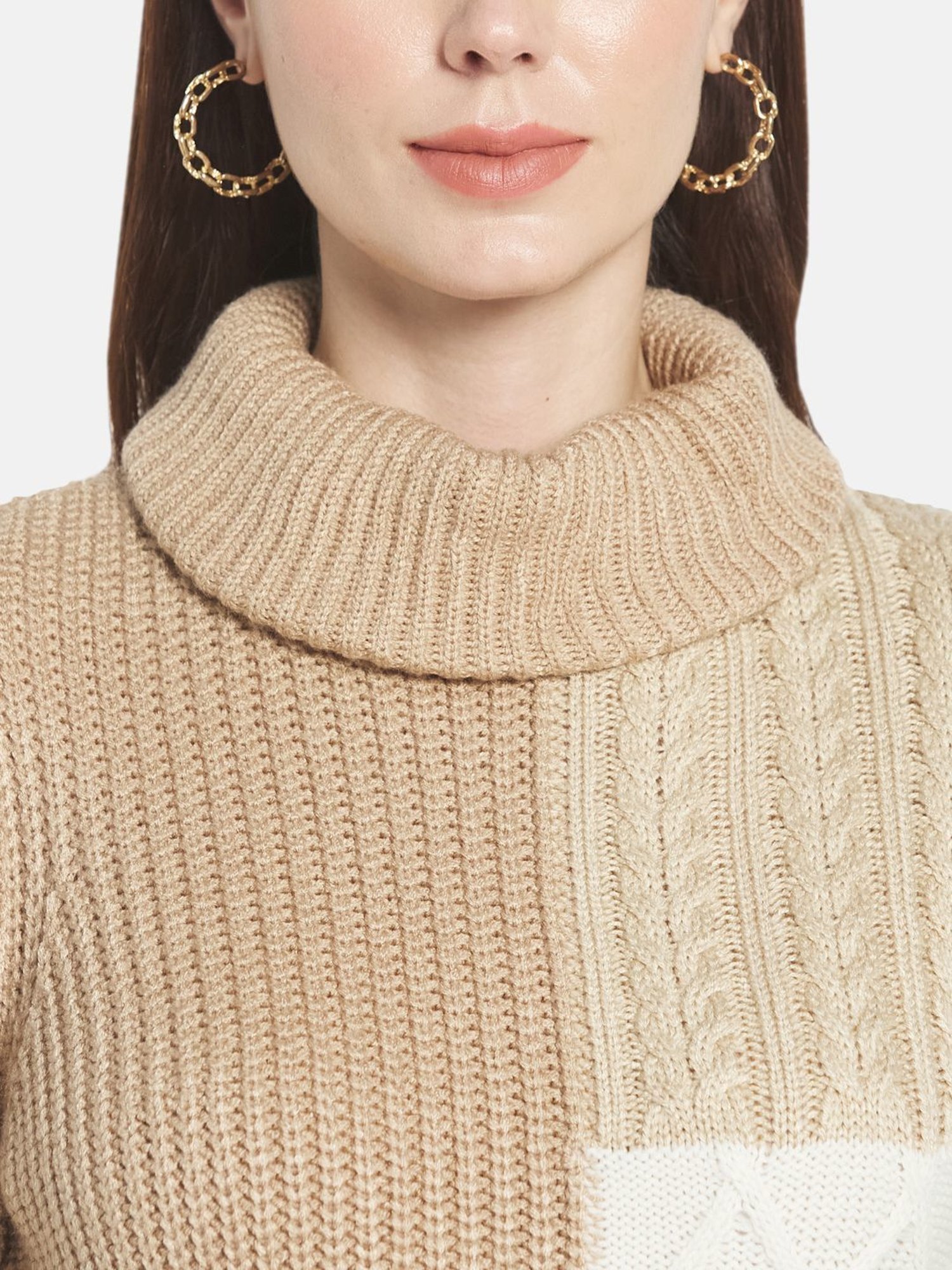 METTLE Beige & White Color Block Pattern Pullover