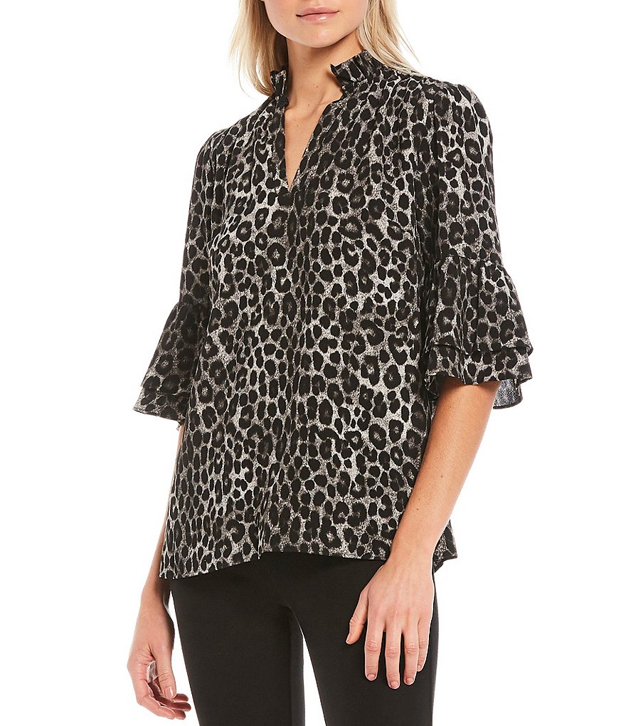 MICHAEL Michael Kors Cheetah Print Textured Crepe Flounce Cuff Ruffle Trim V-Neck Top