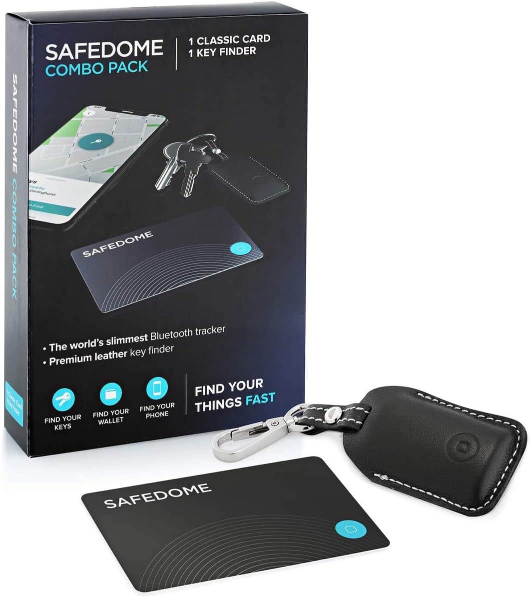 Safedome Classic Combo Pack, 1x Classic Bluetooth Item Tracker Card, 1x Smart Key Locator Fob, Item Finder with GPS-Like Bluetooth Tracking for Lost Keys, Backpack, Phone, Wallet, Free Companion App