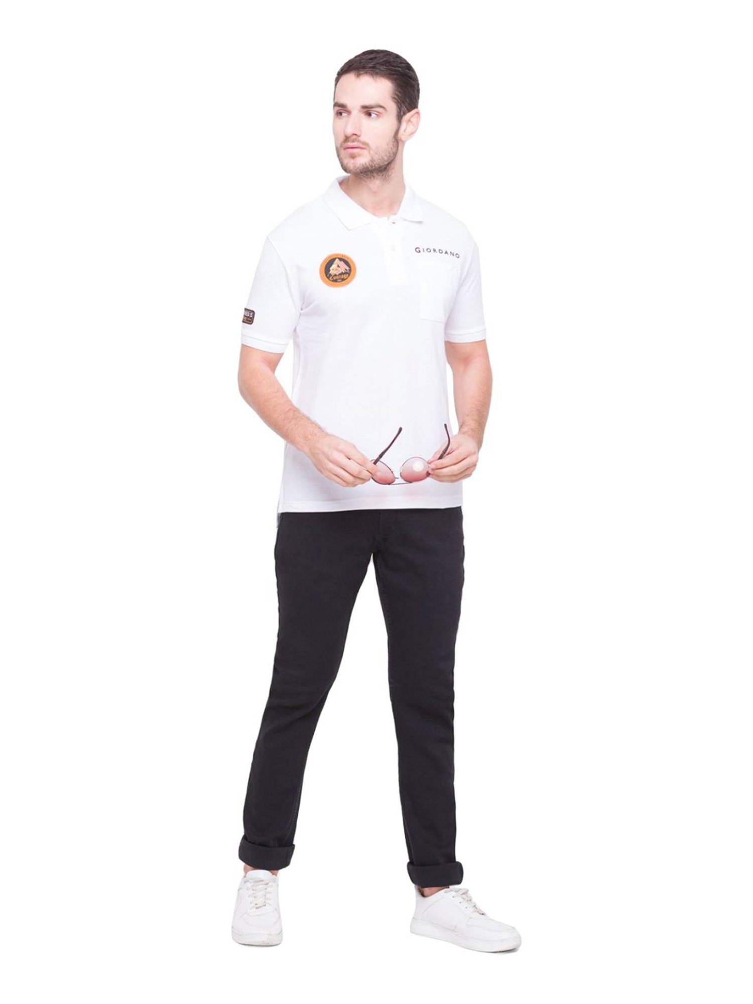 Giordano White Cotton Slim Fit Logo Printed Polo T-Shirt