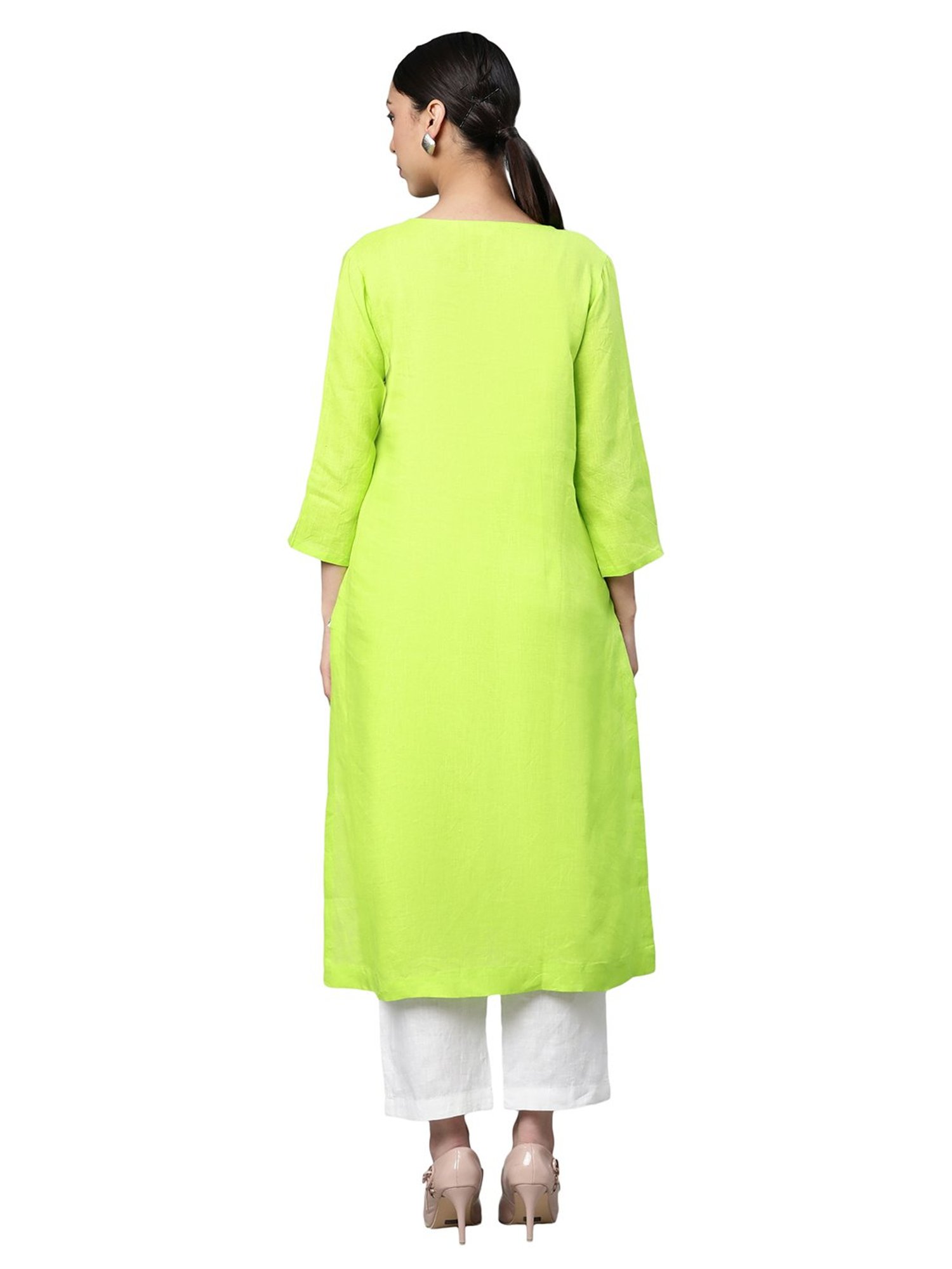 Linen Club Woman Lime Green A Line Kurta