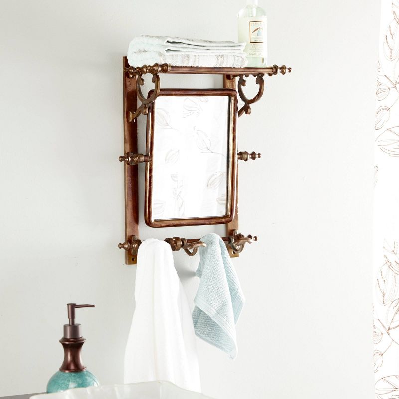 15" x 20" Copper Bathroom Wall Rack with Hooks and Rectangular Mirror - Olivia & May