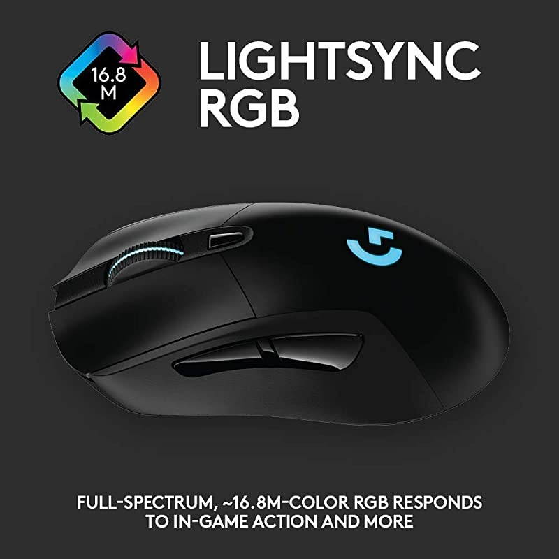 703 Lightspeed Wireless Gaming Mouse WHero 25K Sensor PowerPlay Compatible Lightsync RGB Lightweight 95G+10G Optional 10025 600 DPI Rubber Side Grips Black