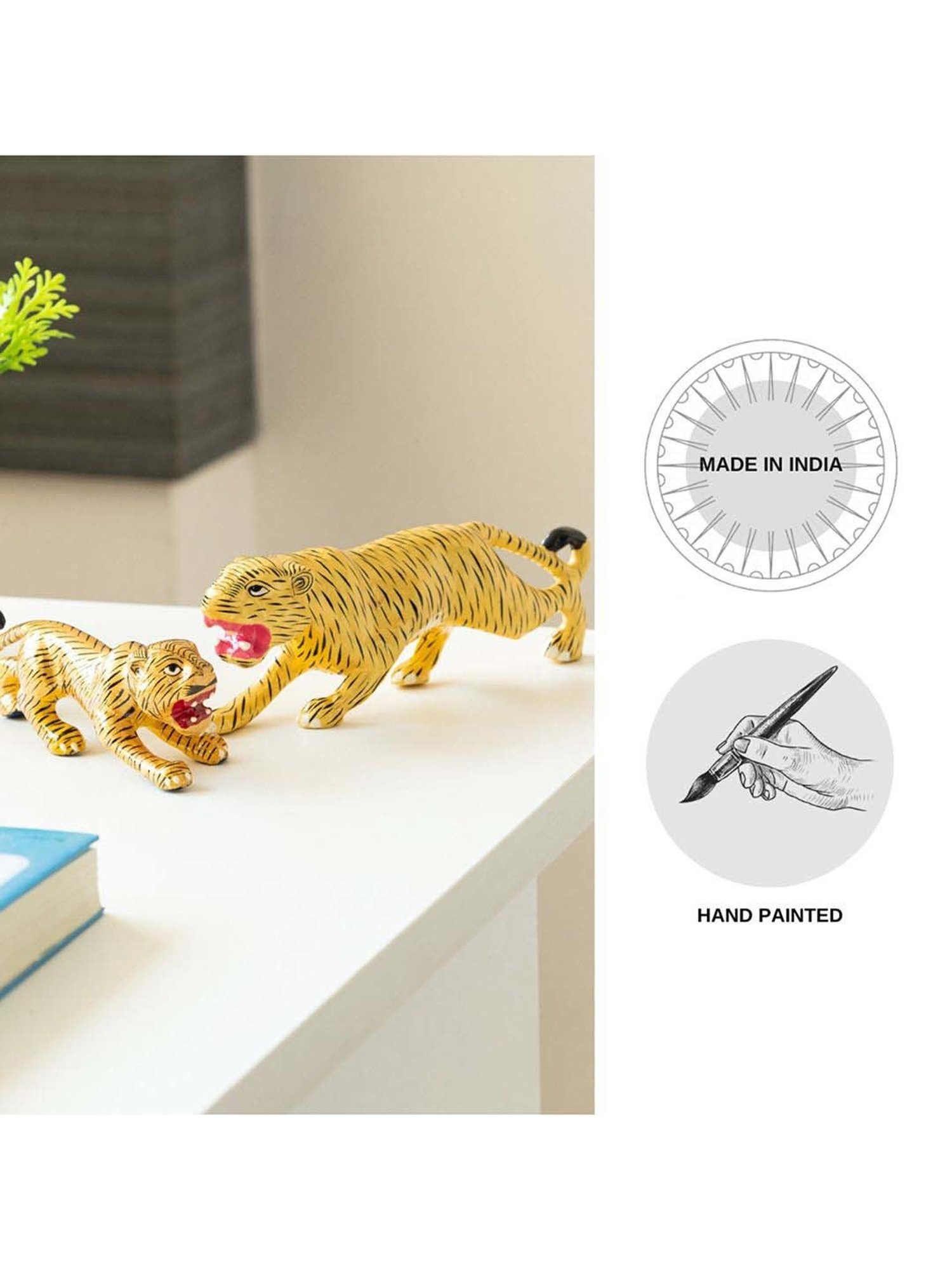 ExclusiveLane Yellow & Black Metal Meenakari Tiger & Cub Decorative Showpiece Figurine - Set of 2