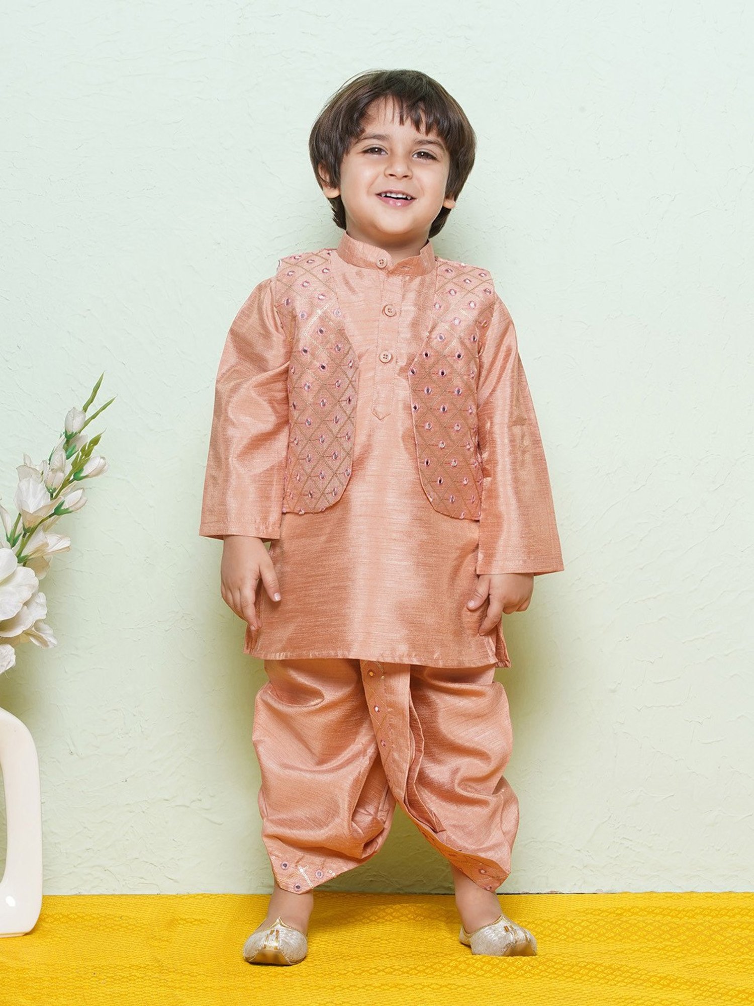 AJ Dezines Kids Peach & Cream Embellished Full Sleeves Kurta, Dhoti with Waistcoat