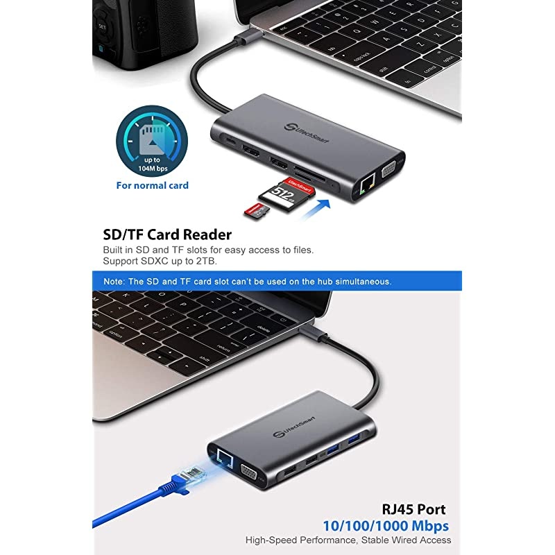 USB C Hub  Triple Display USB Type C Adapter Docking Station with 2 HDMI VGA Power Delivery Type C PortSD TF Card Reader 4 USB Ports USBC Dock Compatible for MacBook Other USBC Laptop