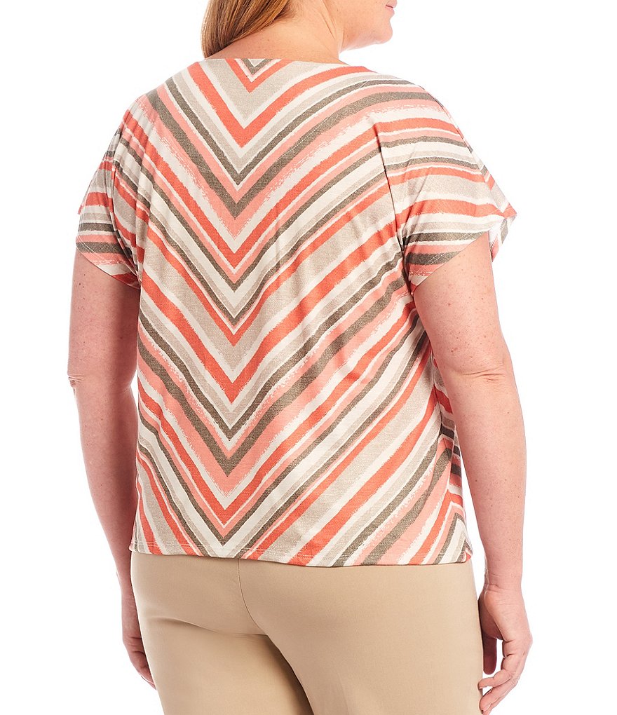 Allison Daley Plus Size Miter Stripe Crinkle Knit Ring Keyhole Neckline Detail Cap Sleeve Tie-Front Top