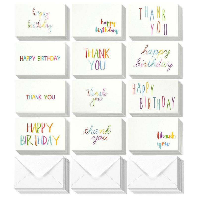 144-Pack Handwritten Designs Happy Birthday and Thank you Cards Assortment 4"x6"