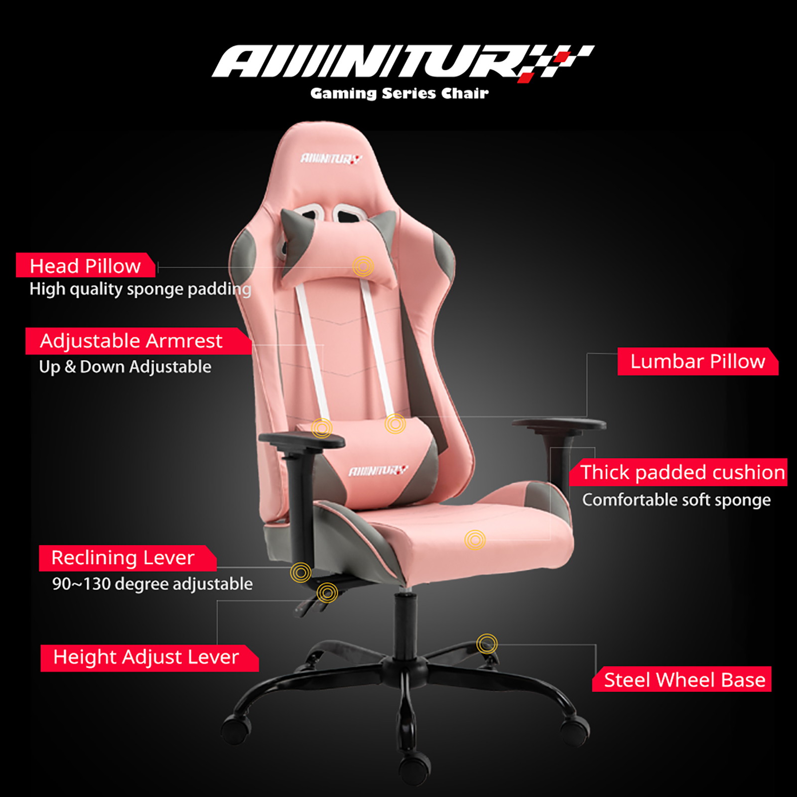 AMINITURE Gaming Chair Racing Style High Back Office Chair Seat Computer Game Chair Height Adjustment Swivel Recliner with Headrest and Lumbar Support