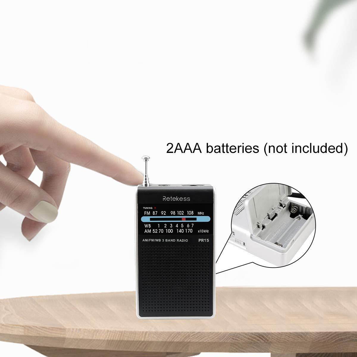 Retekess PR15 Weather Radio NOAA Emergency Radio with AM FM Transistor Analog Radio Support Headphone Jack 2AAA Battery Hand Strap (Silver Black)