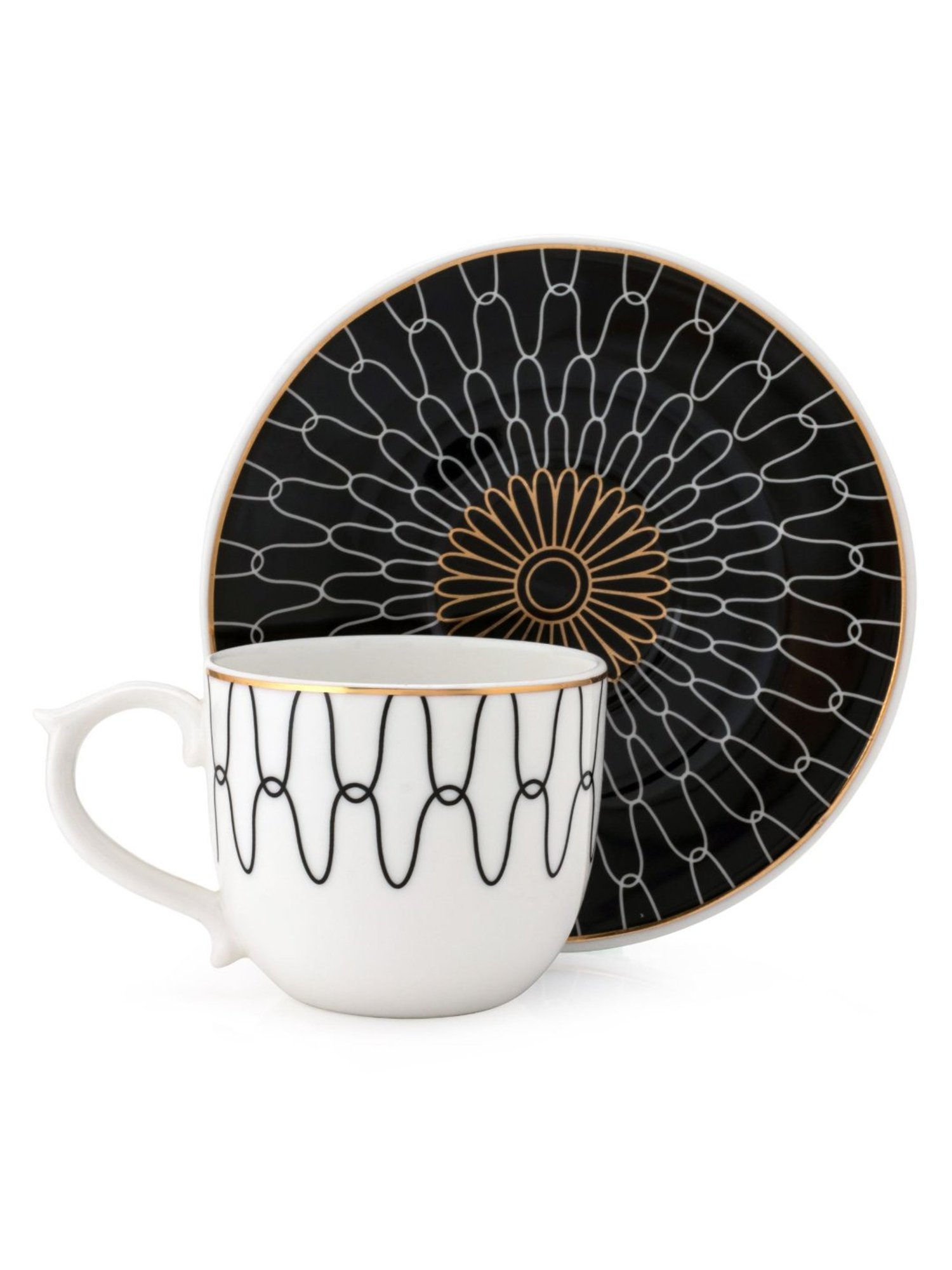 Clay Craft Printed Black Colour Black Line Fine Ceramic Cup Saucer (Set of 12) - 180 ml