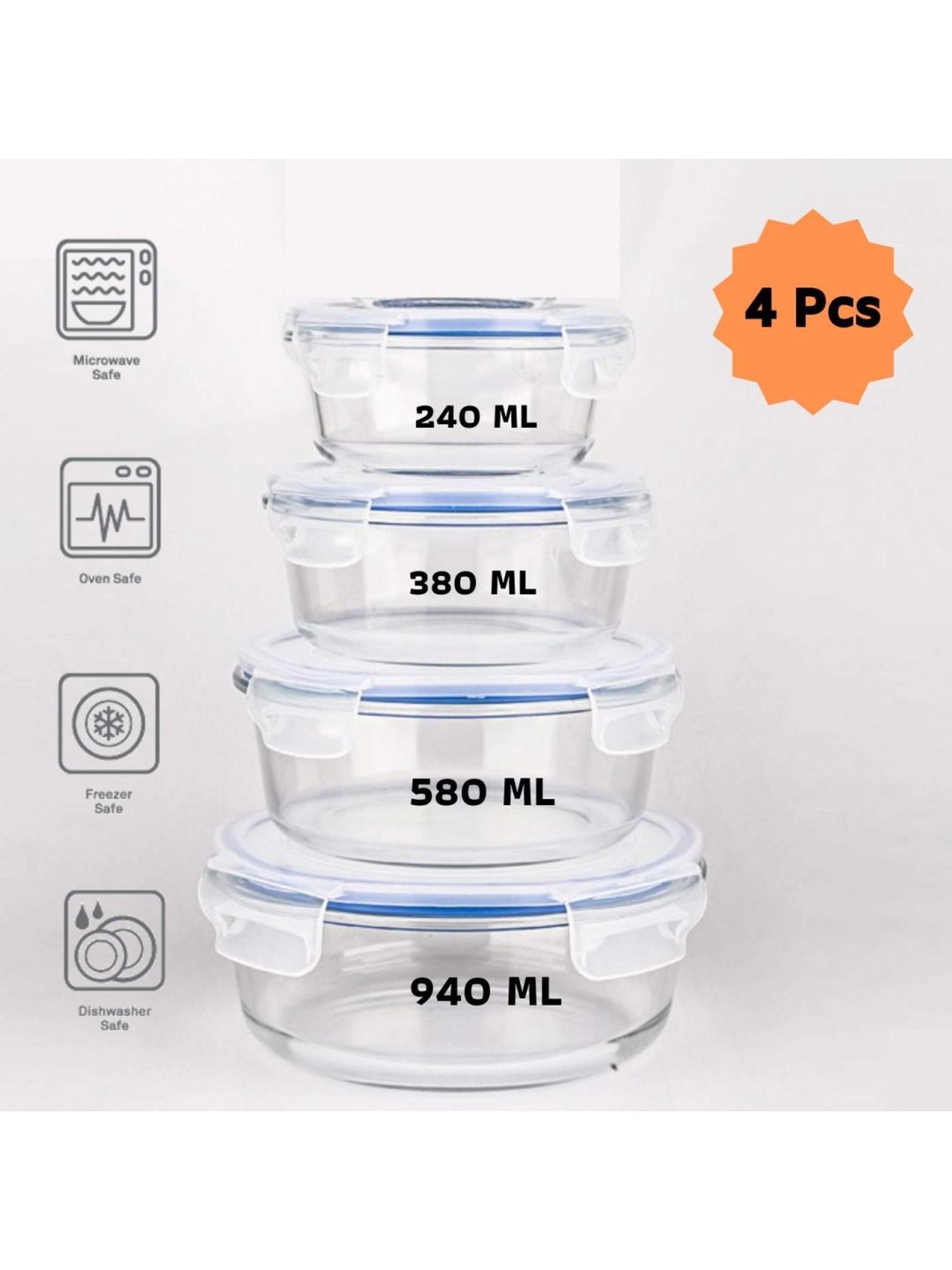 Femora Glass Storage Container with Air Vent Lid (240 ml, 380 ml, 580 ml & 940 ml) - Set of 4