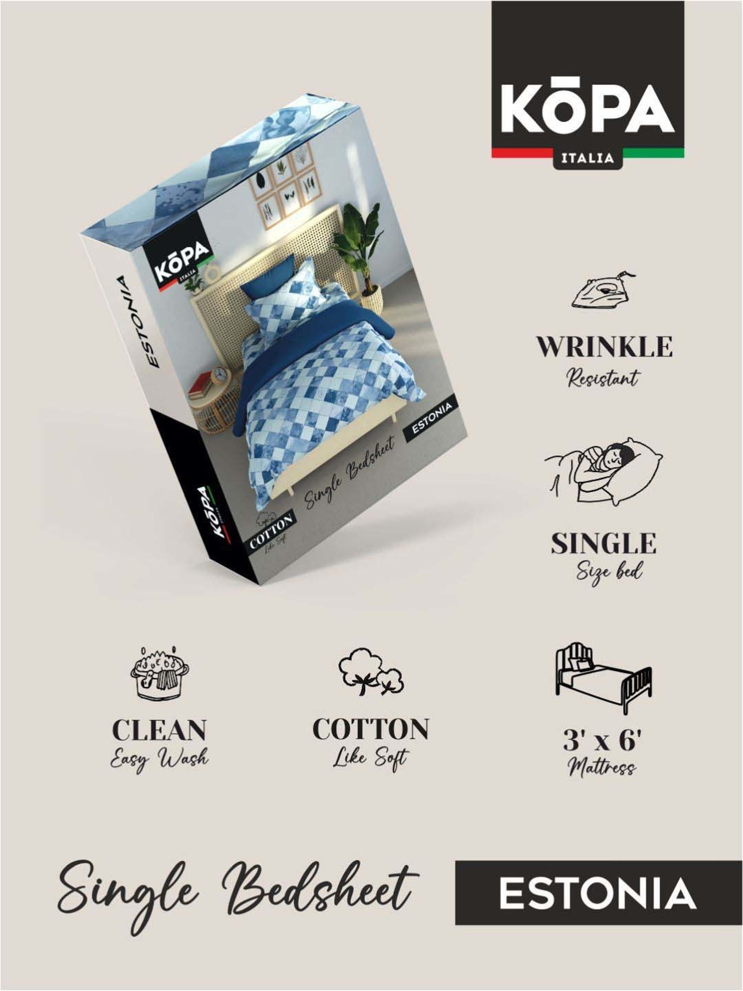 Bianca Estonia Blue 116 TC Poly Cotton Single Bedsheet with 1 Pillow Cover