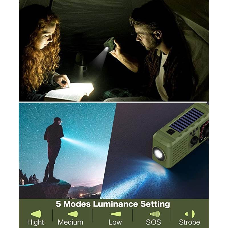 Solar Crank Emergency Radio  NOAAAMFM Portable Weather Radios with Flashlight SOS Alarm USB Phone Charger MP3 Player 2200mHA Power Bank for Home Outdoor Green