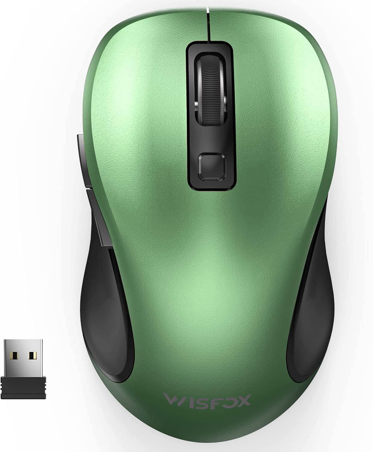 WisFox 2.4G Wireless Mouse for Laptop Ergonomic Computer Mouse with USB Receiver and 3 Adjustable Levels 6 Button Cordless Mouse Wireless Mice for Windows Mac PC Notebook (Metallic Green)
