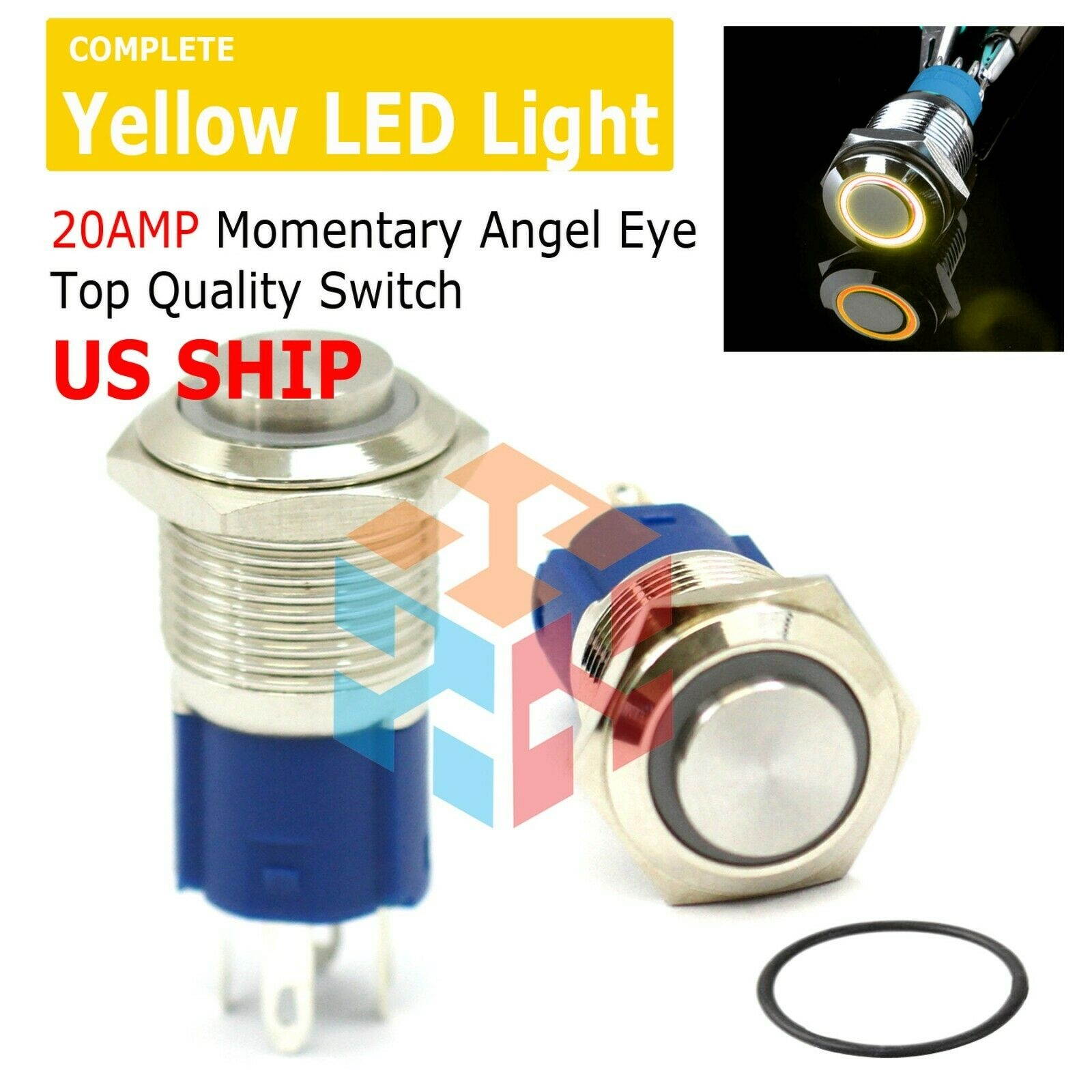 Durable 12V Led 16mm Car Momentary Push Button Amber Angel Eye Metal  Switch