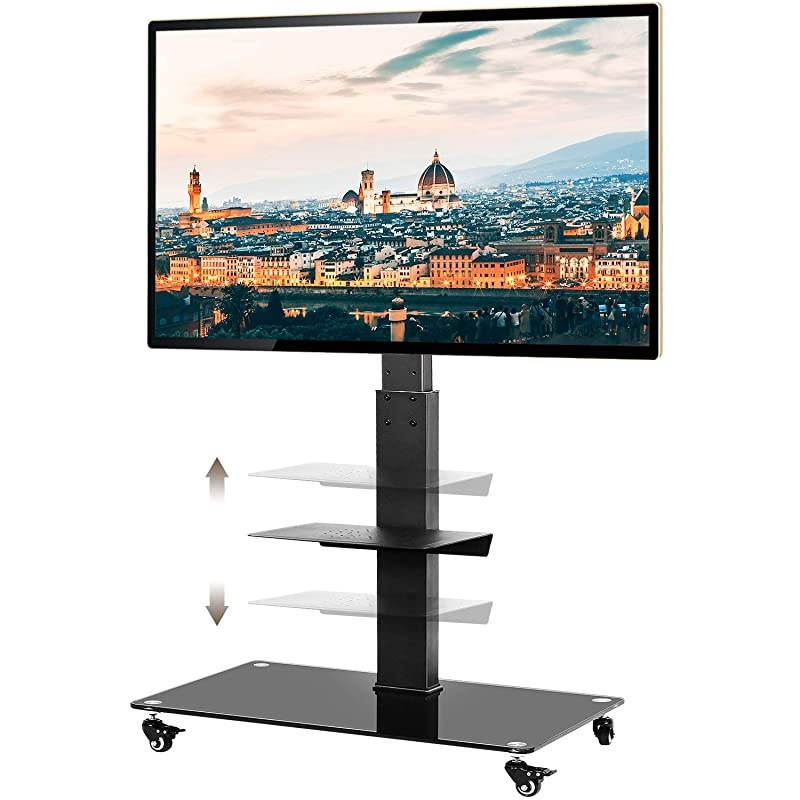 Tall Rolling Moblile Floor TV Stand Cart with Mount Lockable Caster Wheels and Audio Shelf for 37 40 42 47 50 55 60 65 70 inch LCD LED OLED QLED Flat Panel and Curved TVs