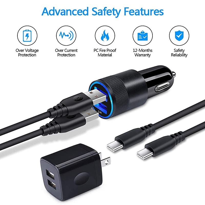 USB C Car Charger, 2.1A Dual Port Wall Charger Plug with 2-Pack 6ft Type C Cable Compatible Samsung Galaxy S21 A01 A10e A21 A50 A70 A80 S20 FE 5G S10+ S9 S8 Note 20 Ultra 10, Moto, Pixel 5/4a XL